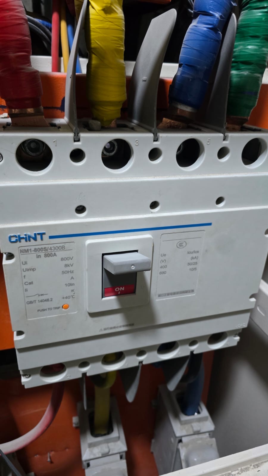 800A moulded case circuit breaker (MCCB) installed as the main incoming breaker in an industrial electrical distribution panel by Sha Technical Solutions Ltd.