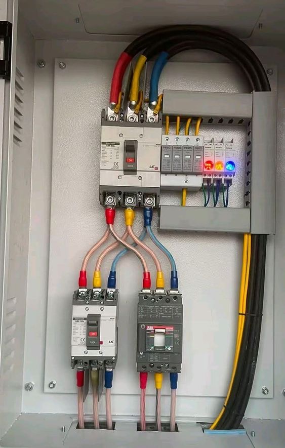 Services Industrial power distribution panel with moulded case circuit breakers (MCCBs), surge protection devices (SPDs), and phase indicator lamps installed by Sha Technical Solutions Ltd.