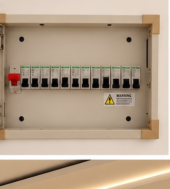 Electrical distribution board fitted with a 63A double-pole main circuit breaker and multiple miniature circuit breakers for power distribution