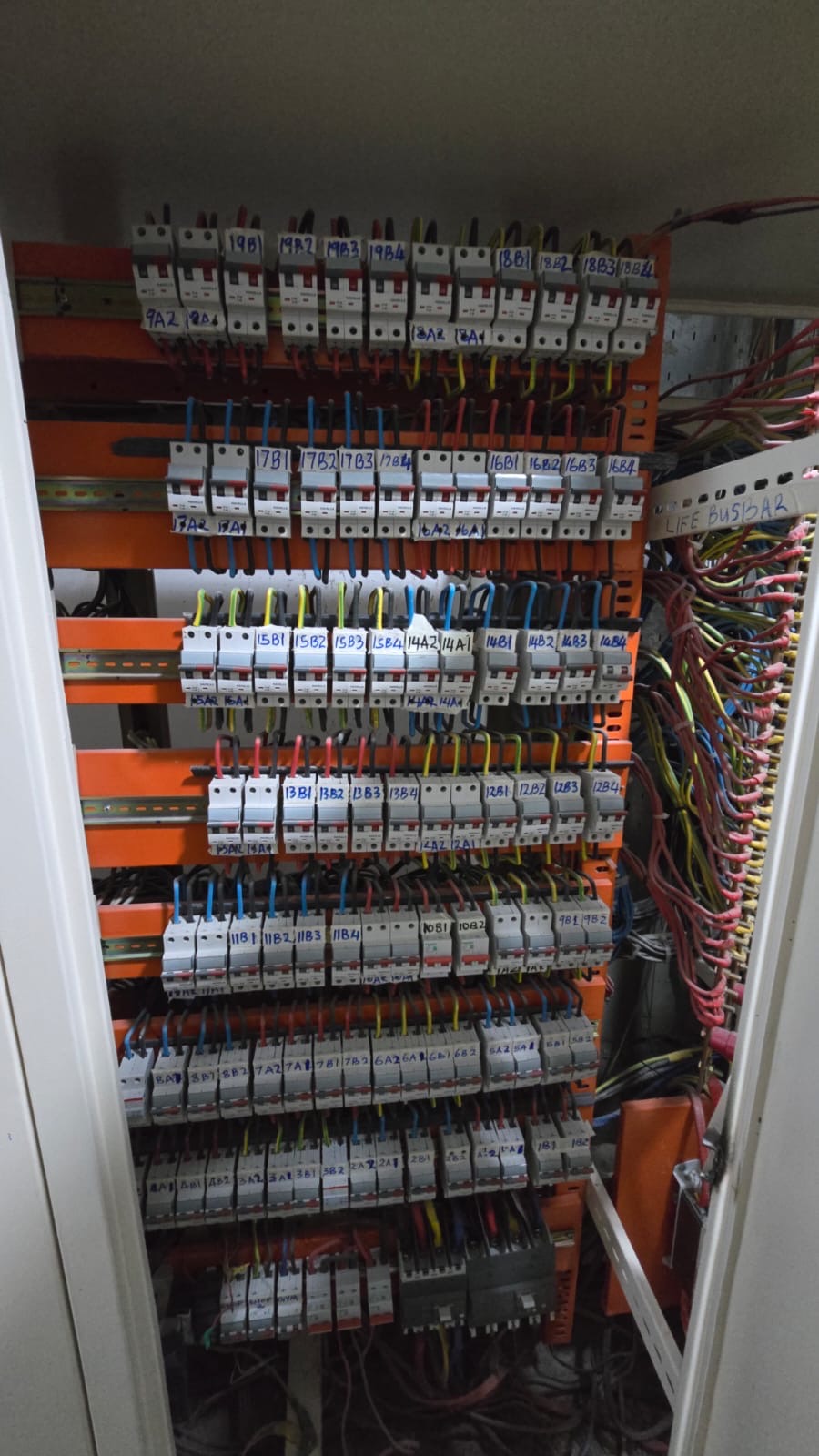Industrial electrical distribution panel with labelled miniature circuit breakers (MCBs), organized wiring, and structured cable management installed by Sha Technical Solutions Ltd.